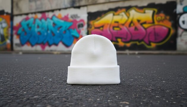 White knit beanie hat on asphalt ground with urban graffiti
