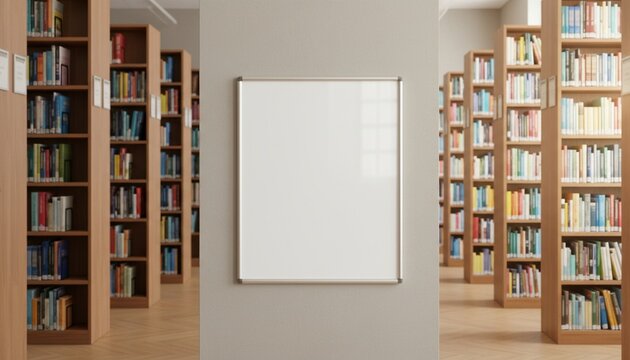 White poster mockup on a wall in a library interior