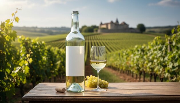 White wine bottle and glass on wooden table in a vineyard