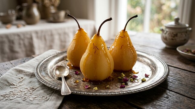 Poached pears on silver platter in rustic setting.