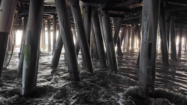 Ocean Waves Crashing Under Wooden Pier At Sunset, Dramatic video frame showing dark pilings, surf foam and glowing backlight