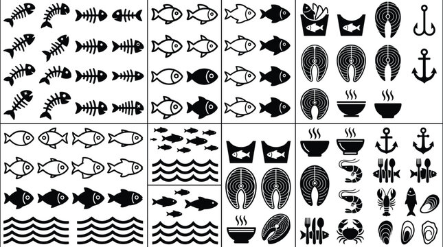 Seafood and Culinary Icon Set Featuring Fish Skeleton Salmon Steak Waves and Restaurant Vector Illustrations