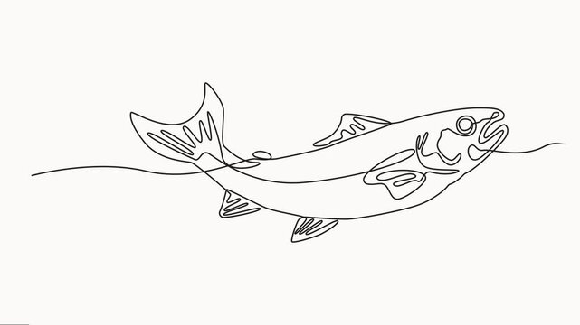 Animation of one line drawing of bass fish jumping logo icon symbol. Holiday traveling for fisherman hobby concept. Continuous line self-drawn animation video.
