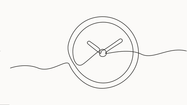 clock continuous one line drawing animation, Timepiece clock icon sign continuous one line drawing on white background, routine and time alert symbol  animation graphic.
