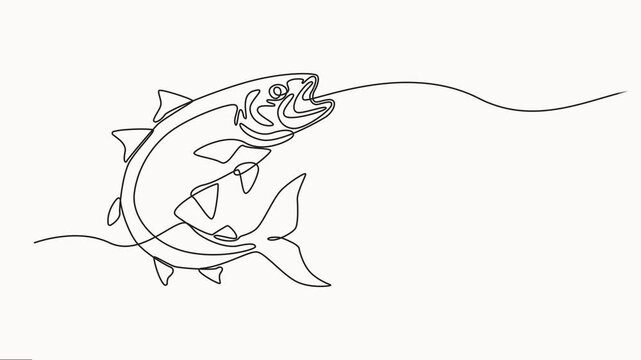 Animation of one line drawing of bass fish jumping logo icon symbol. Holiday traveling for fisherman hobby concept. Continuous line self-drawn animation video.