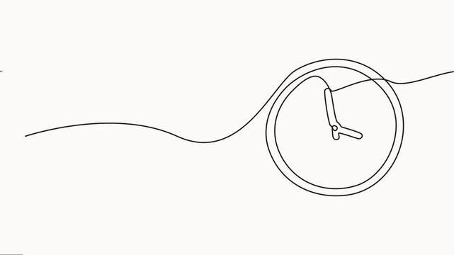 clock continuous one line drawing animation, Timepiece clock icon sign continuous one line drawing on white background, routine and time alert symbol  animation graphic.