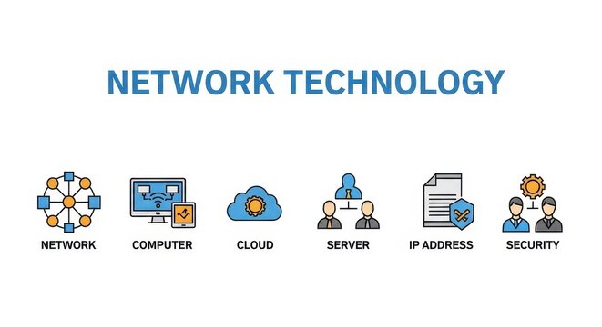 Network technology icons set with computer cloud server ip address security