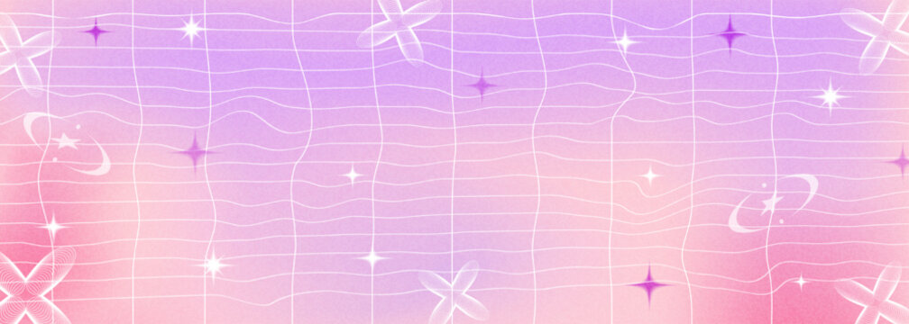 Y2K inspired abstract pink background. Retrofuturistic rave psychedelic wireframe, mesh, grids, abstract shapes, gradient grainy effects. Brutalism style vector with silhouette postmodern figures