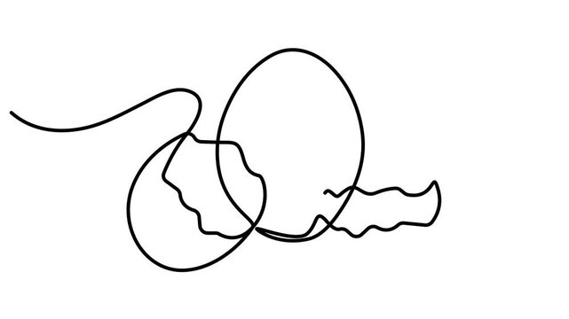 Animated self drawing of Continuous line drawing of a broken eggshell isolated on white background. Full length one line animation. 4K video