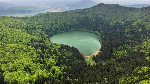 High-altitude aerial view of a mountain landscape with a dead-tree bog and green hills, Harghita, Transylvania, Romania.
