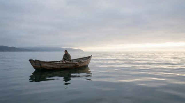 Man sitting alone in a wooden rowboat on calm water, vast ocean and misty mountains in background, sunrise or sunset light