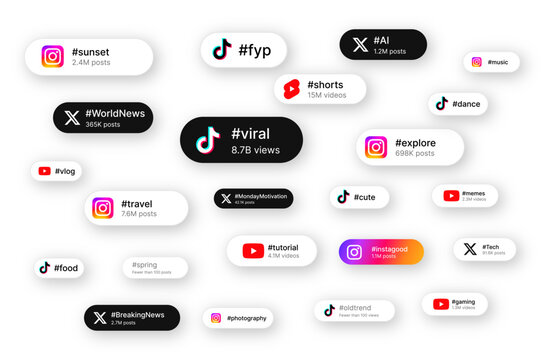 Instagram, TikTok, YouTube, YouTube Shorts and X Trending Hashtag Labels Collection. Social Media Topic Tags and Viral Content Discovery Interface Elements.