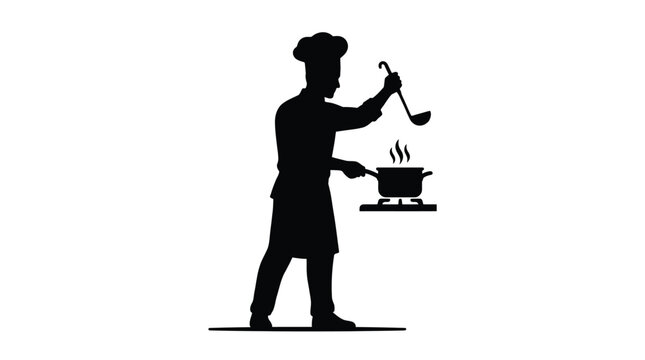 Vector illustration of silhouette of a professional chef cooking with a ladle and a pot