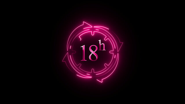 Neon pink countdown icon with eighteen hours text inside glowing circular arrows on black background