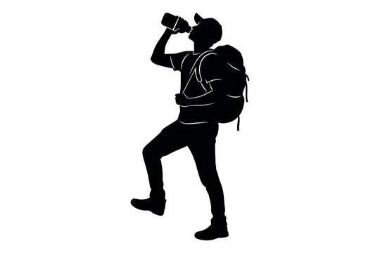 Hiker Hydrating on Trail: A silhouette of a hiker with a large backpack takes a drink from a water bottle, standing with one foot raised on a hiking trail.
