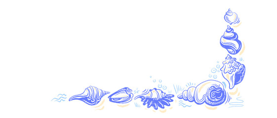 Seashell sketch crayon border. Summer travel marine corner isolate on transparent backdrop. Hand drawn vintage illustration for poster, italy banner, spain menu, surf club. Mediterranean element © Yauheniya_Bandaruk