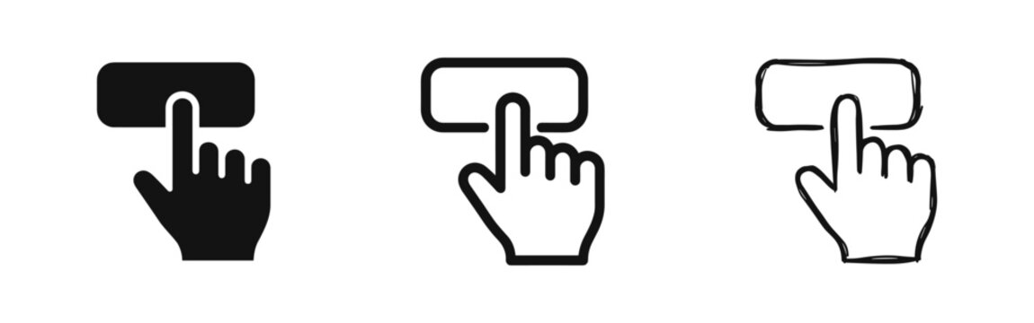 Finger clicking button icon set including silhouette, outline and hand-drawn sketch styles
