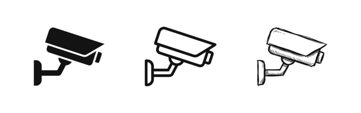 Security camera icon set, CCTV surveillance system symbol, monitoring and safety icons, protection camera sign