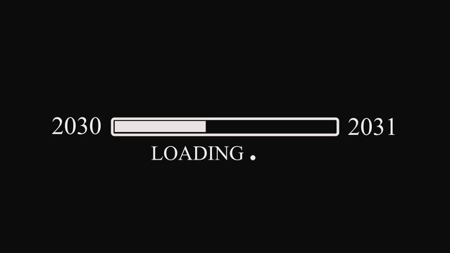 Black screen with white loading bar and years 2030 to 2031 progress