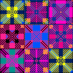 Fototapeta premium Decorative geometric patchwork floral seamless pattern, kaleidoscope, stained glass, abstract ornamental tile background, bright neon colors