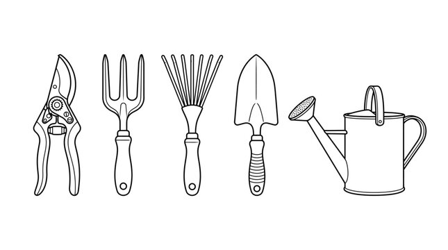 Line art illustration of various essential gardening tools including pruning shears, hand fork, rake, trowel, and watering can, depicted on a white background.
