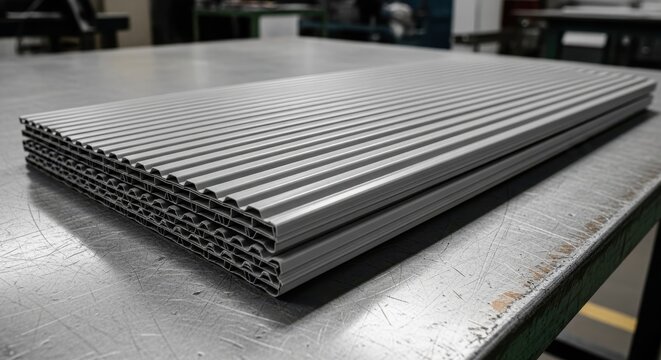Stack of Grey Corrugated Plastic Sheeting with a Matte Surface on a Metal Table