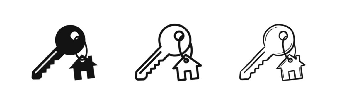 House Key with Keychain Icon, Real Estate and Home Ownership Symbol, Solid, Line and Sketch Style