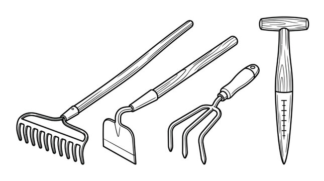 Vintage style illustration of various essential gardening tools including a rake, hoe, hand cultivator, and dibber, isolated on white background.