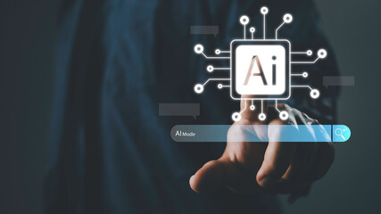 Naklejka premium AI search engine optimization concept featuring artificial intelligence interface, smart search mode, machine learning technology, digital automation, data analytics and next generation business.