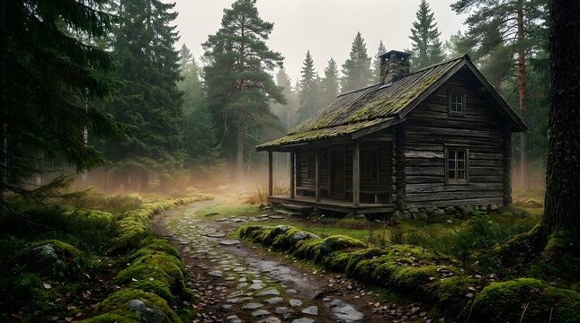 Old Weathered Log Cabin in Forest with Elegant Cobblestone Path