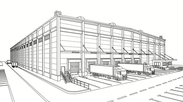 Detailed line drawing of a large industrial warehouse building with multiple loading docks and parked semi-trailer trucks.