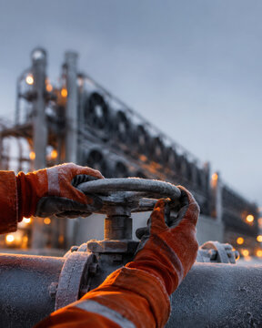 New worker hands operating pipe valve at carbon capture plant, showcasing industrial environment and teamwork in action
