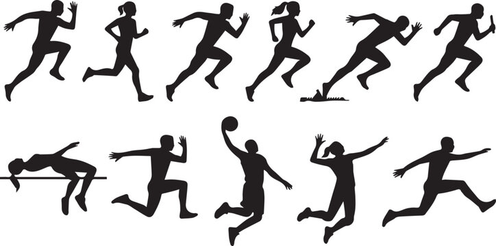 Black silhouettes of people running and playing sports