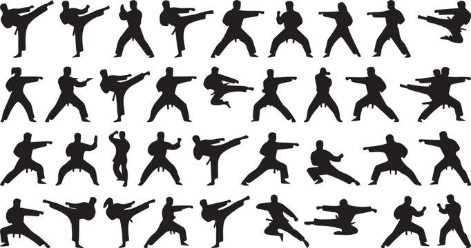 Black silhouettes of men practicing karate poses