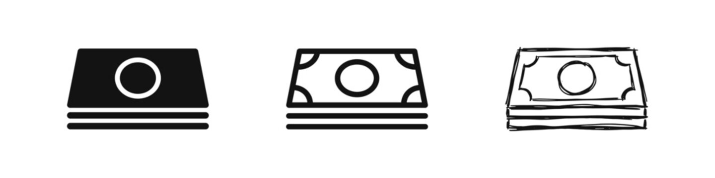 Money cash banknote stack icon set in flat, line, and hand-drawn styles for finance and business
