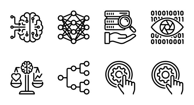 AI and Machine Learning Icons: Neural Networks, Data Analysis, Binary Code Vision, Decision Making, Algorithms, Settings
