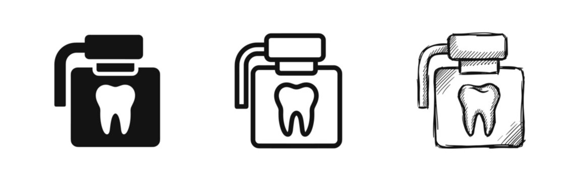 Dental X-ray machine icons set in three different styles: solid, linear, and hand-drawn sketch for dentistry