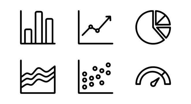 Data Visualization Icons: Bar Chart, Line Graph, Pie Chart, Scatter Plot, Gauge, Waveform. Business Analytics Symbols.