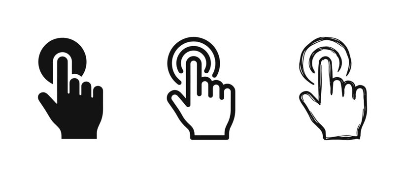 Hand Clicking Button Touch Gesture Icon Set in Flat, Outline and Hand-Drawn Styles