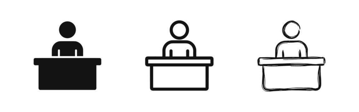 Person Sitting at Office Desk Icon Set in Flat, Outline and Hand-Drawn Styles