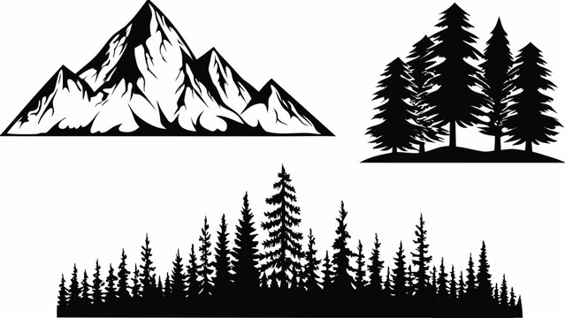Mountain and coniferous tree silhouettes against a white background a monochromatic vector illustration alpine aspen backdrop black and white branch