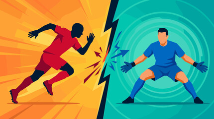 Fototapeta premium Pixelated soccer player running towards a goalkeeper, dynamic sports competition illustration, goal scoring action, championship match, digital game art
