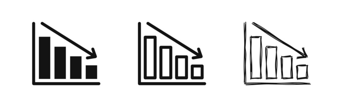 Financial Loss Bar Graph Icon With Downward Trend Arrow In Three Styles Solid Outline and Hand Drawn