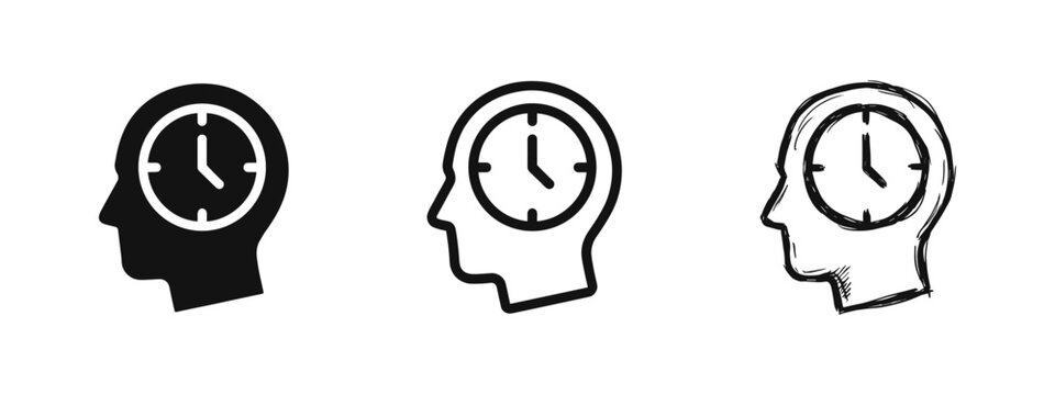 Human Head Silhouette with Clock Time Management Psychology Icons