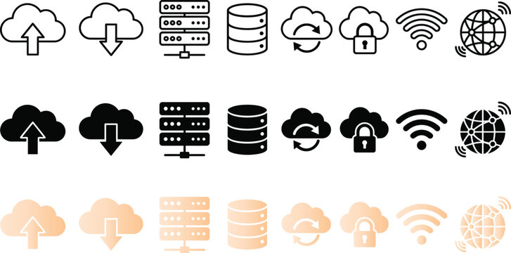 Cloud computing and networking icon set with computing database download internet technology connection security communication information infrastructure collection silhouette wireless