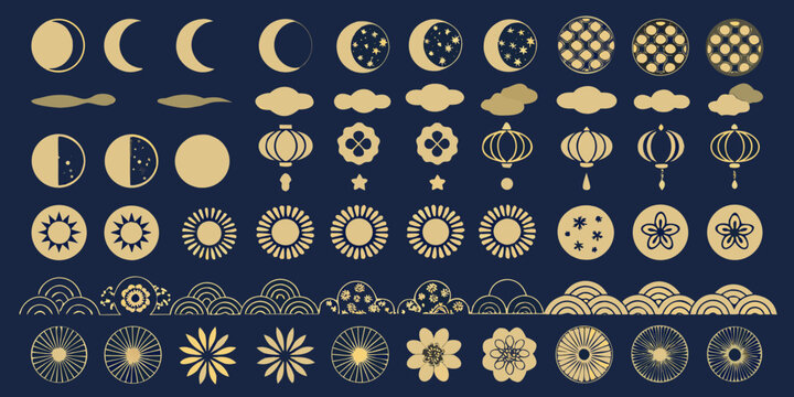 Golden Chinese Decorative Elements Vector Illustration On Dark Blue
