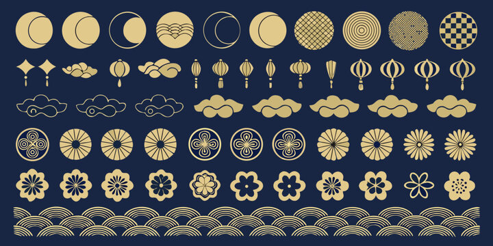 Chinese Decorative Elements Pattern Golden Tones On Dark Blue Background