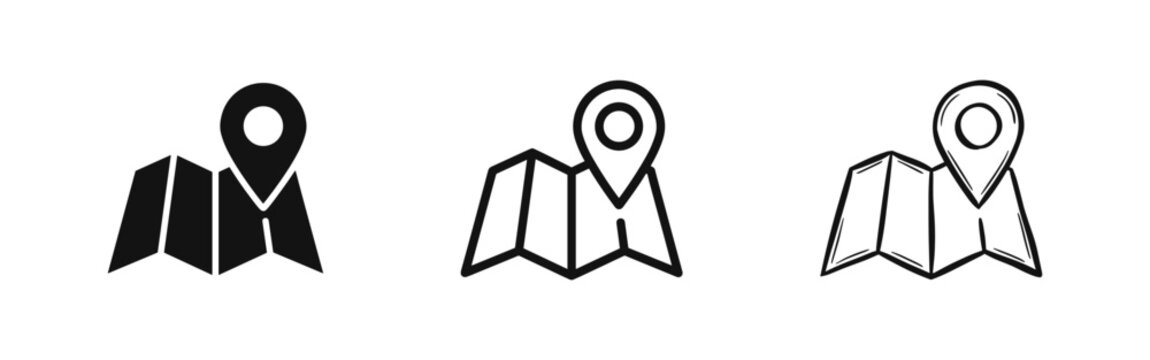 Folded map with location pin icon set for navigation, travel, and geography concepts
