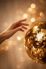 Obraz premium Elegant hand touches golden disco ball.