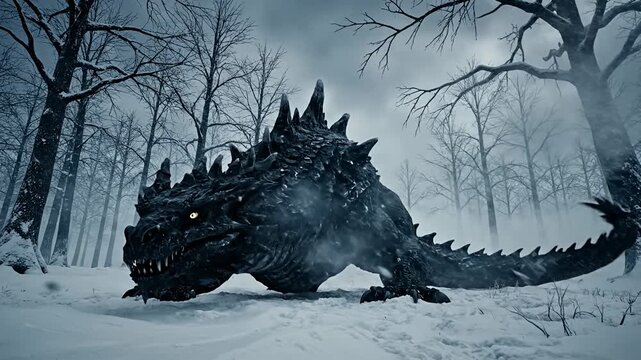 Spiky black monster walking through a snowy winter forest.